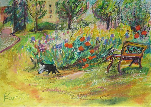 Blumen mit Bank und Katze