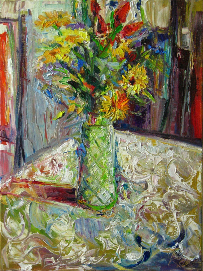 Sonneneblumen im grünen Krug
