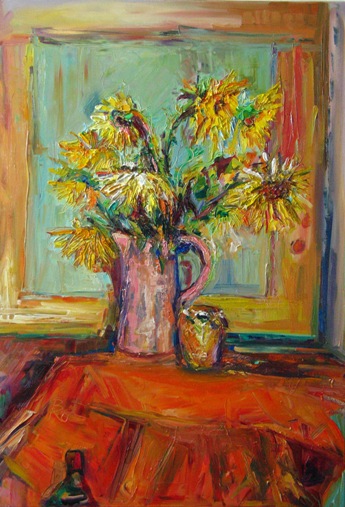 Sonnenblumen vor Holzrahmen
