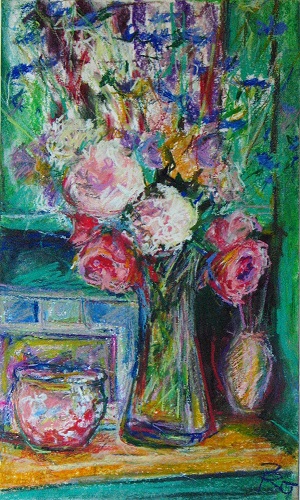 Stillleben mit Windlicht und Blumen