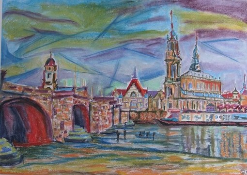 Am Elbufer Blick auf die Hofkirche (50x70)